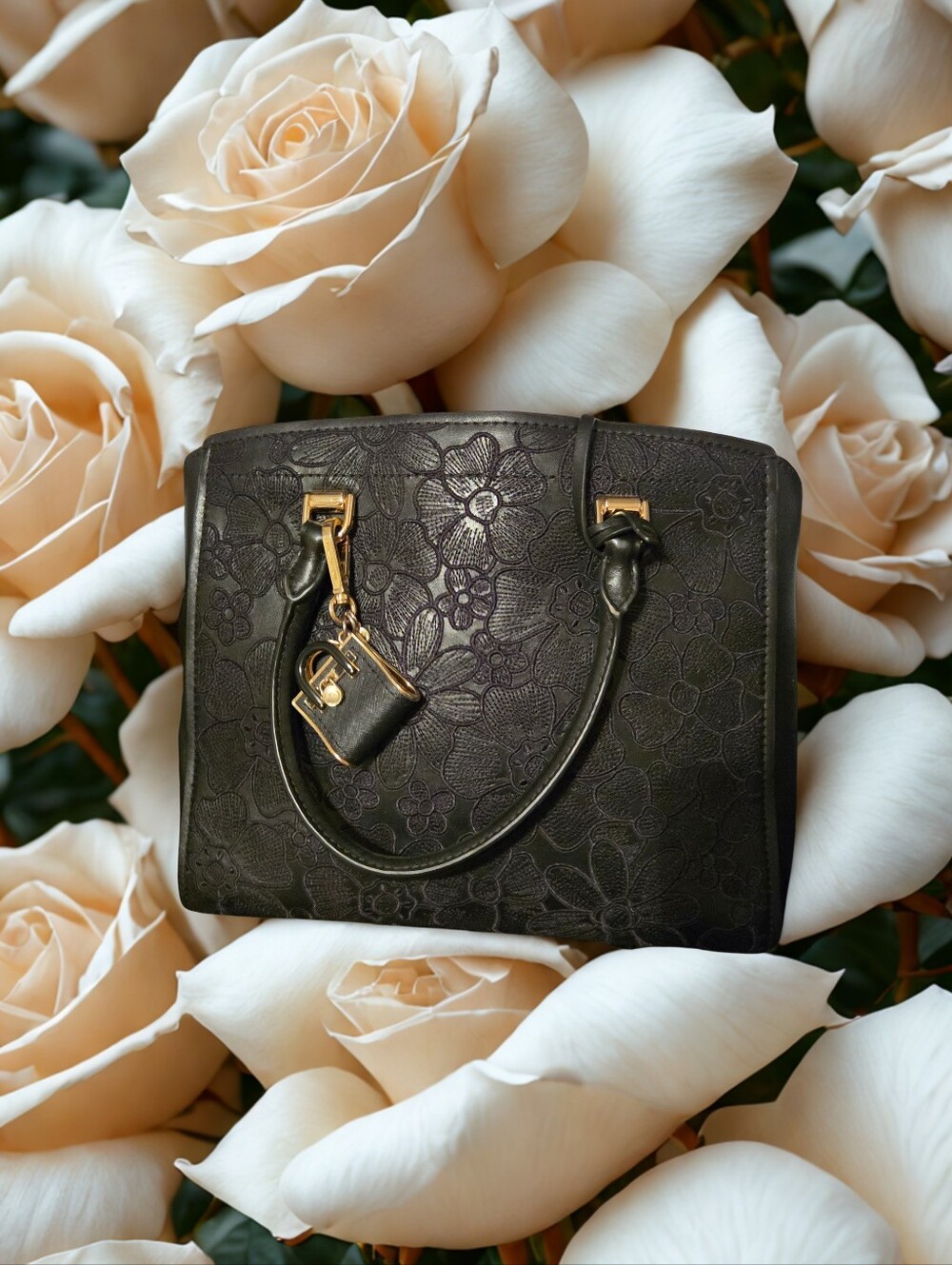 Michael Kors 2fer Bennington Black Floral Shoulder Bag With MK Dustbag
